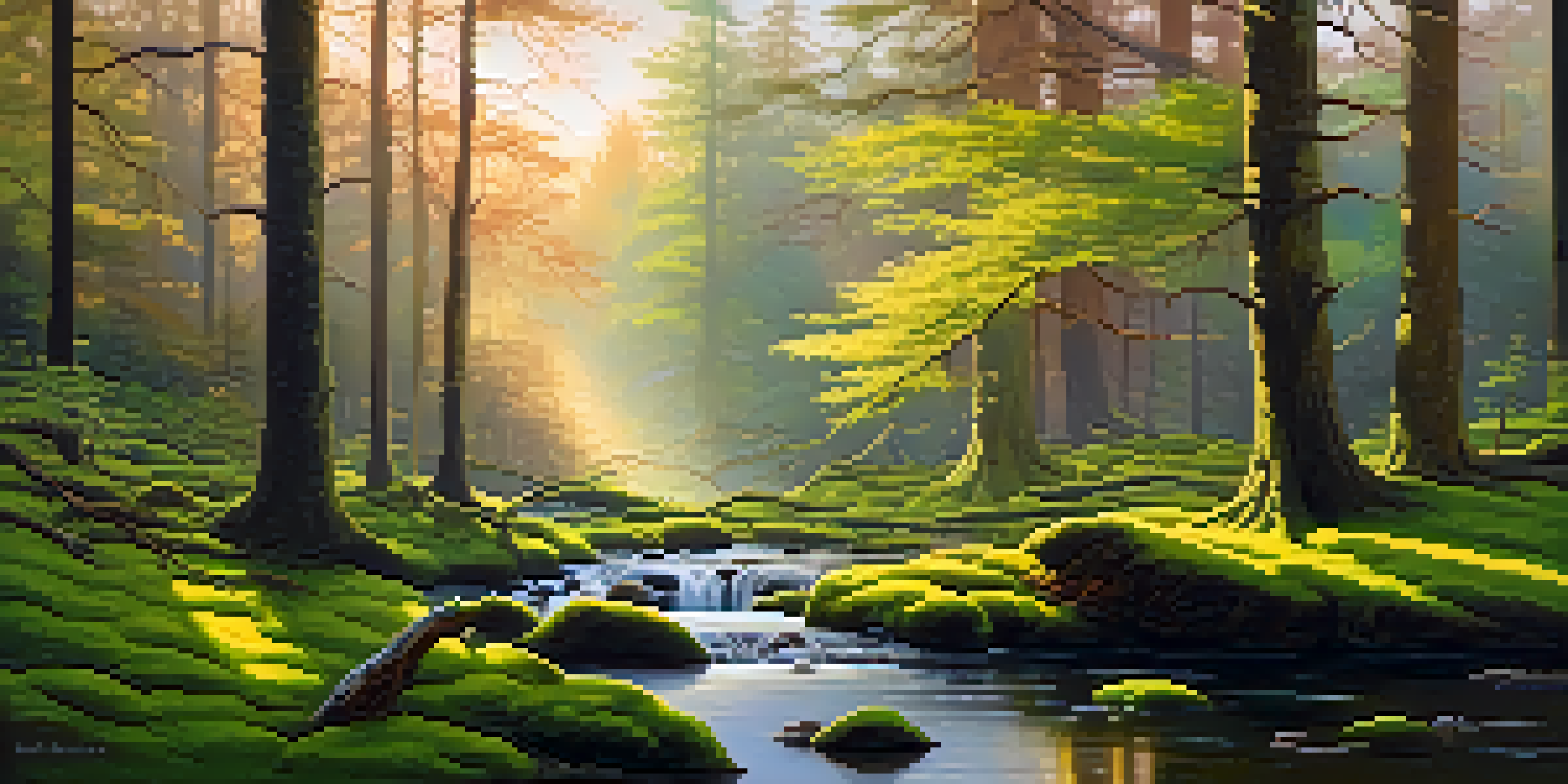 A tranquil forest landscape at dawn with sunlight filtering through trees and a stream reflecting the sunrise.