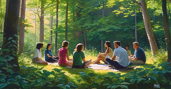 A diverse group of people meditating in a circle in a sunlit forest, surrounded by greenery and flowers.