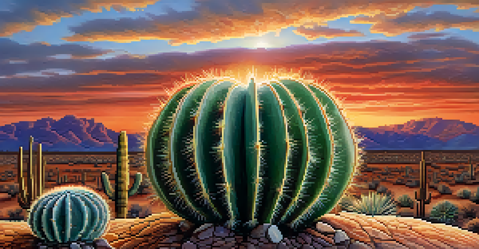 Close-up of a peyote cactus with vibrant colors and textures, set against a desert sunset backdrop.