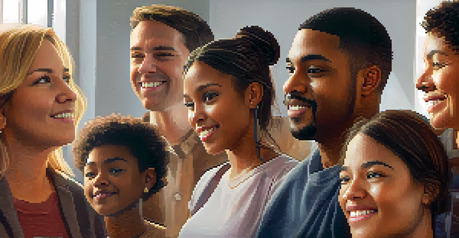 A diverse group of individuals interacting with empathy and understanding, set against a backdrop of warm colors, illustrating the concept of emotional intelligence in a supportive environment.