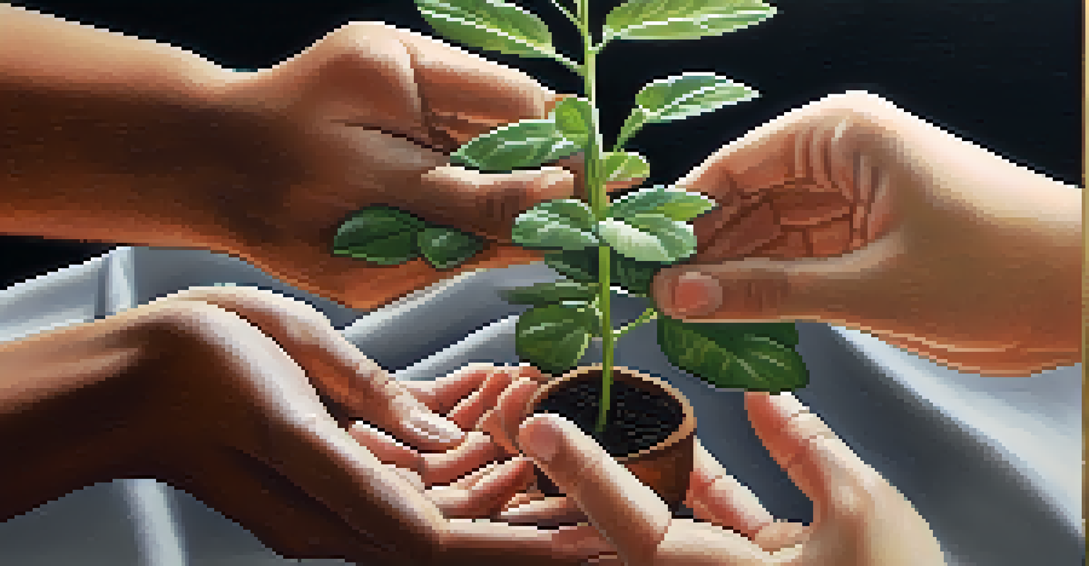 Close-up of diverse hands exchanging a small plant, symbolizing connection and shared experiences in a healing community.