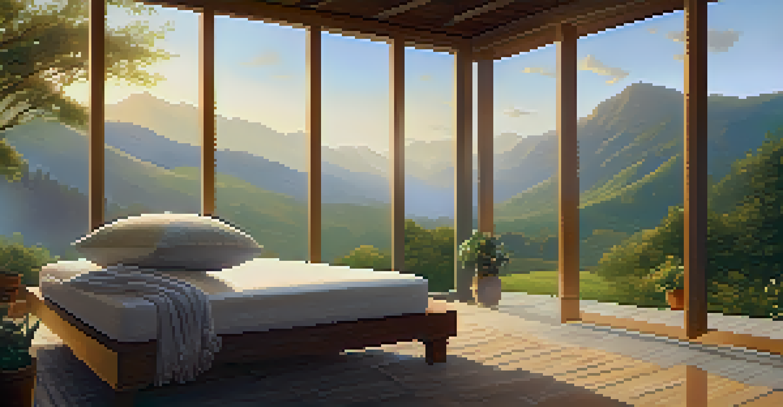 A wellness retreat space with cushions and blankets in a natural setting at dawn, surrounded by mountains and mist.