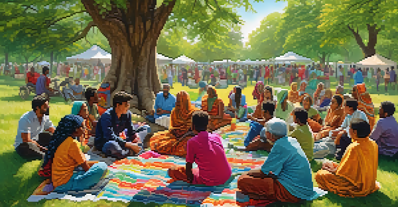 A lively community gathering under a tree, with diverse people sharing stories on colorful blankets in a sunny setting.