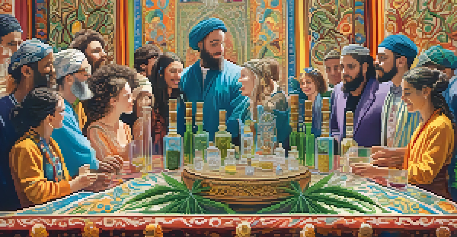 A vibrant ritual scene featuring people using cannabis oil, surrounded by nature and traditional Jewish art patterns.