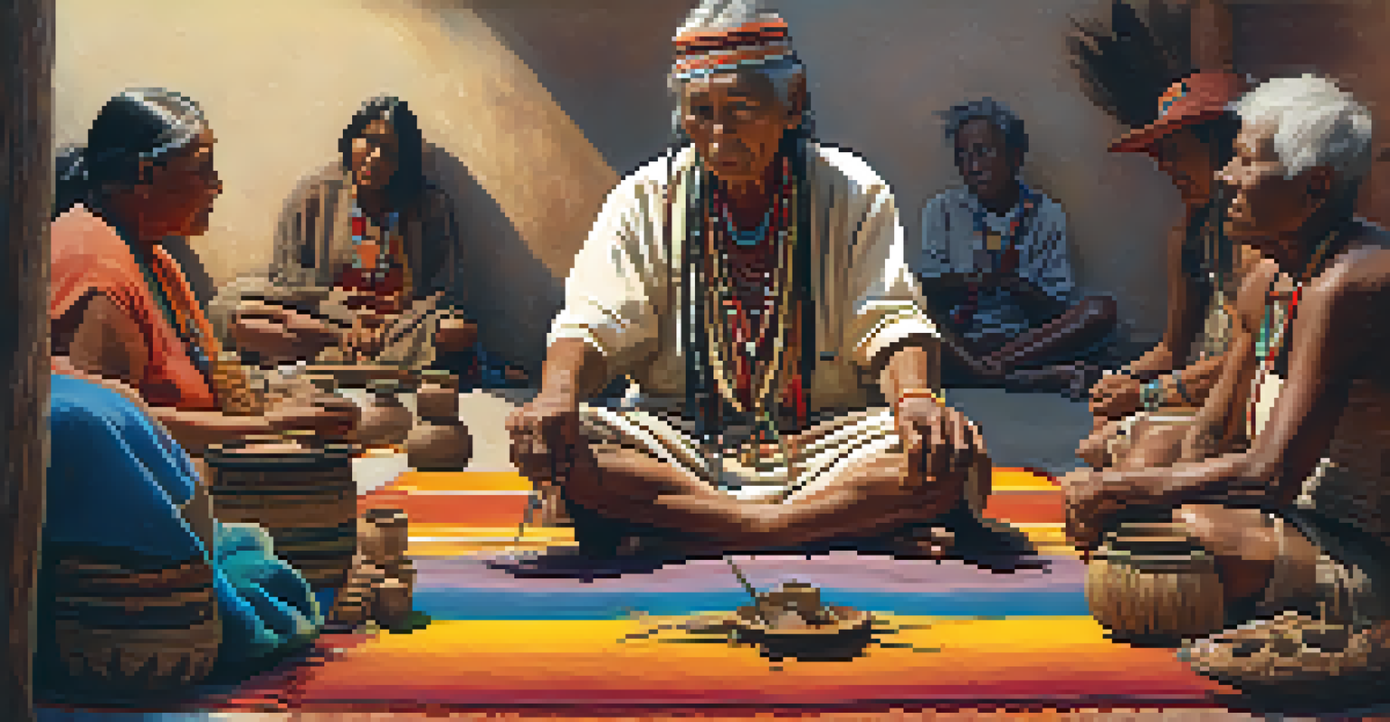An indigenous elder sharing stories surrounded by ceremonial items, with a warm and inviting atmosphere.