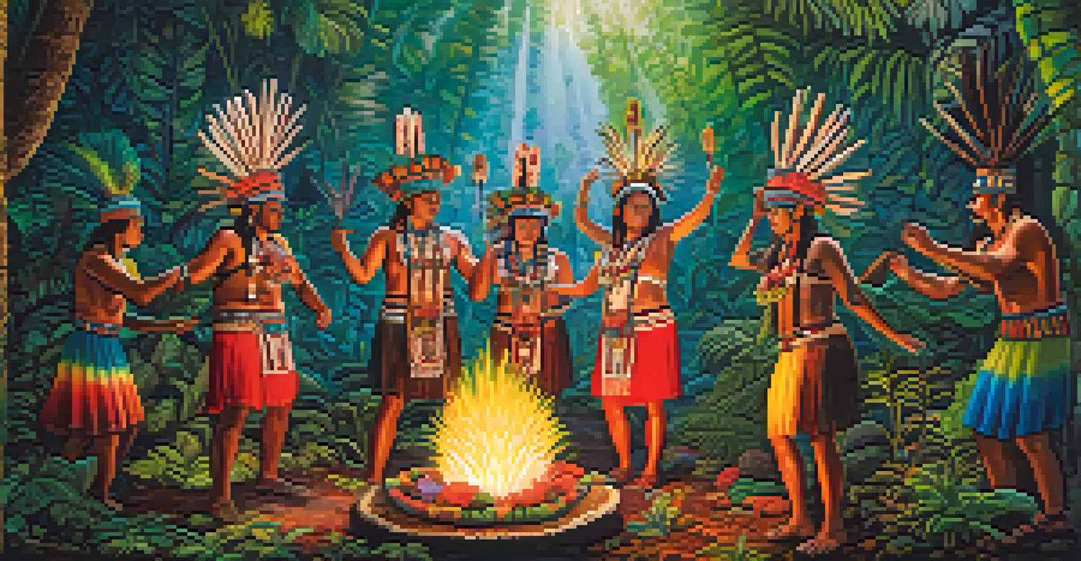 Shamans in a vibrant Mesoamerican ceremony dancing around a fire in a lush jungle filled with mushrooms and peyote plants.