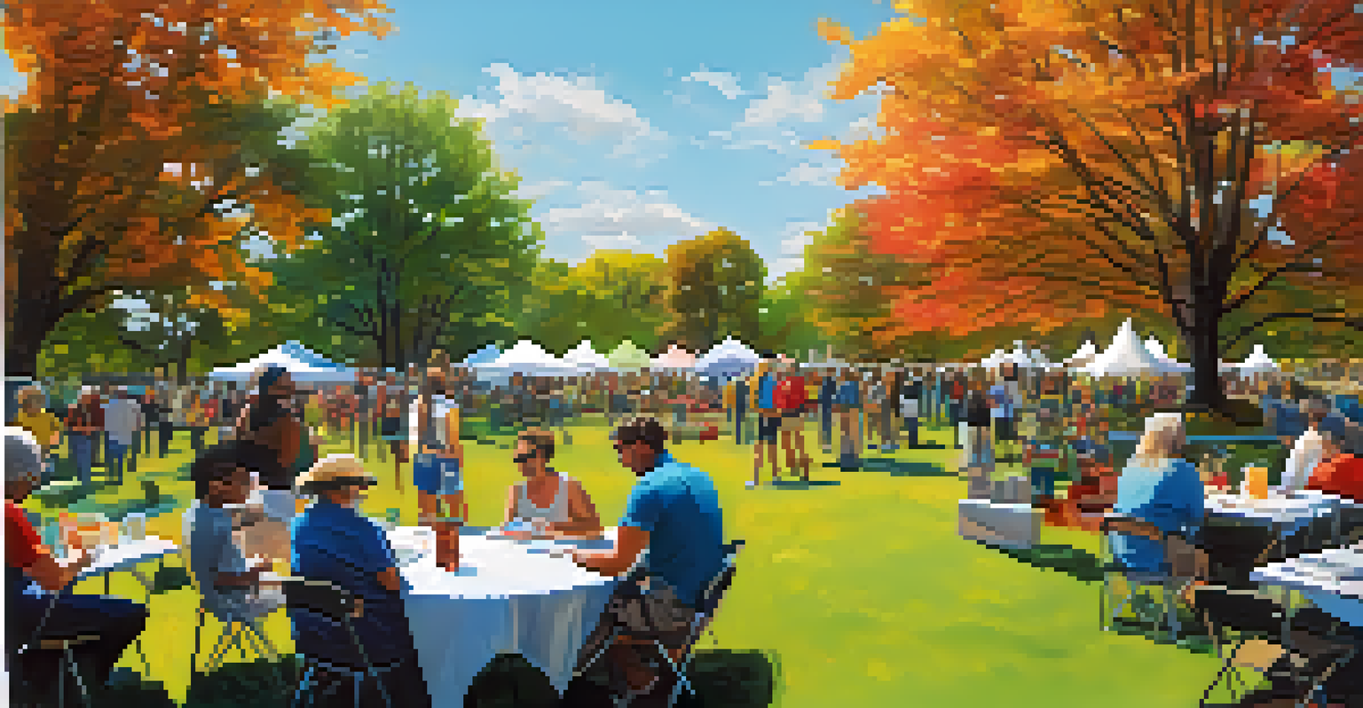 A lively community gathering in a park with diverse individuals sharing experiences and learning about entheogens, featuring colorful banners and tables with information.
