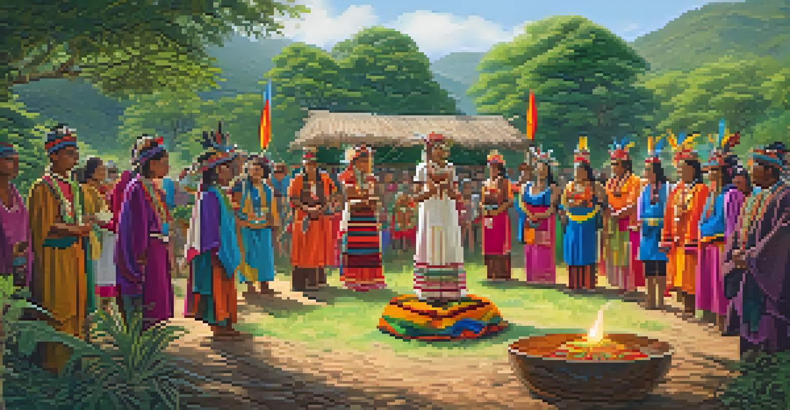 Indigenous people in traditional attire participating in a vibrant cultural ceremony in nature.