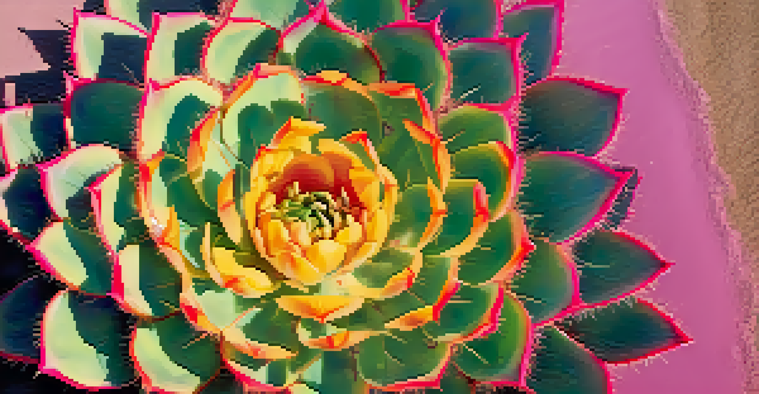 A close-up of a blooming peyote cactus with bright pink and yellow flowers against a sandy desert background, showcasing intricate textures.