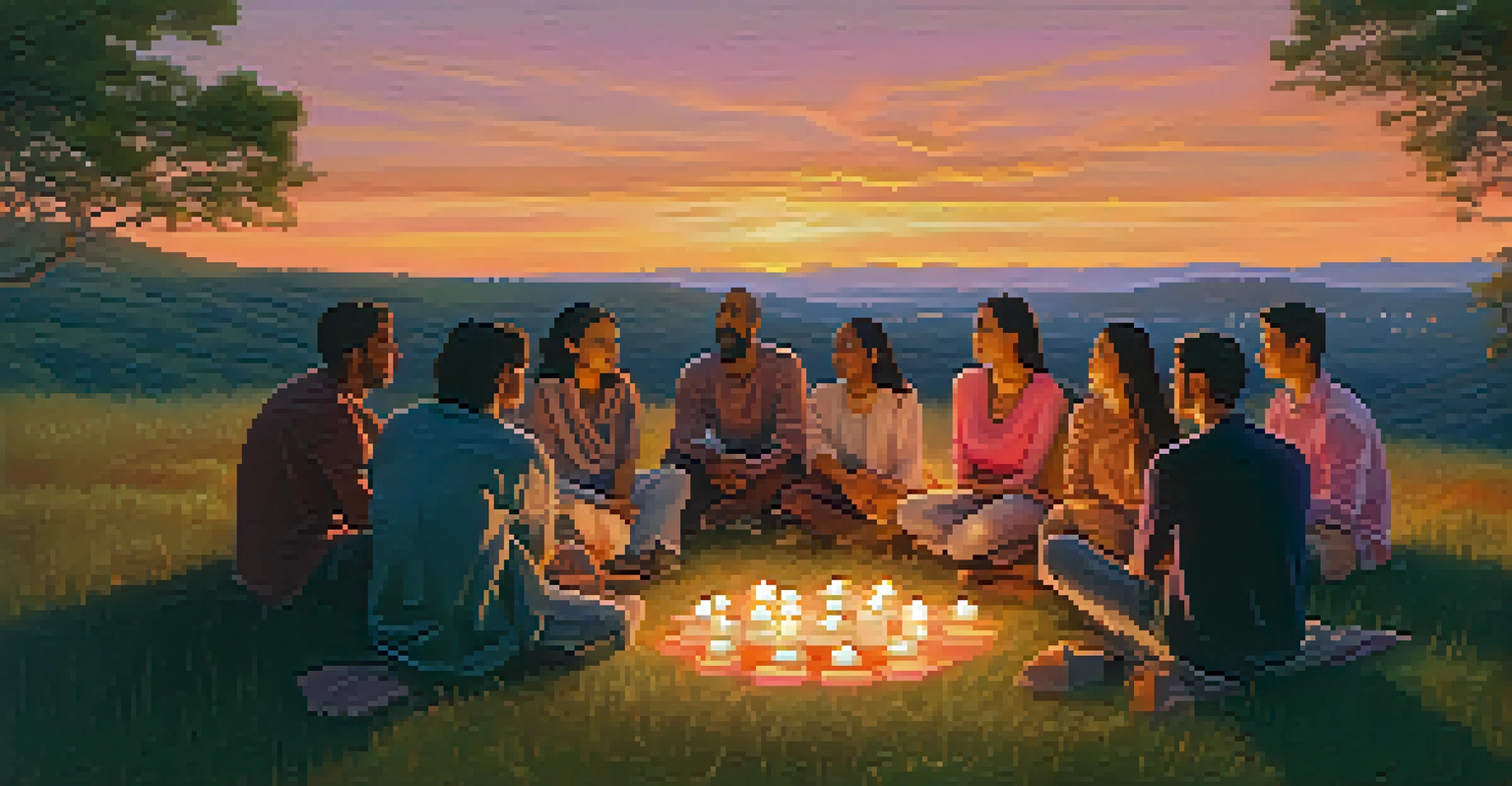 A diverse group of people sitting in a circle on a hilltop at sunset, sharing reflective thoughts.