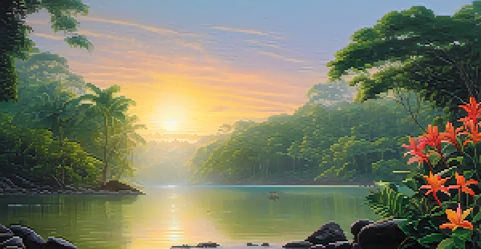 A peaceful Amazon rainforest at dawn with green foliage, tropical flowers, a flowing river, and an indigenous community engaged in a ceremony.