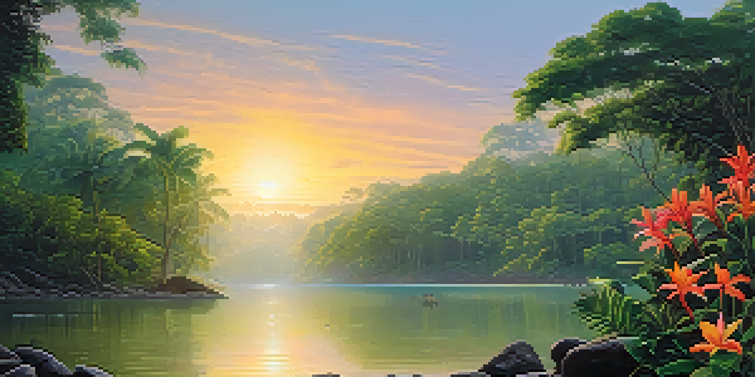 A peaceful Amazon rainforest at dawn with green foliage, tropical flowers, a flowing river, and an indigenous community engaged in a ceremony.