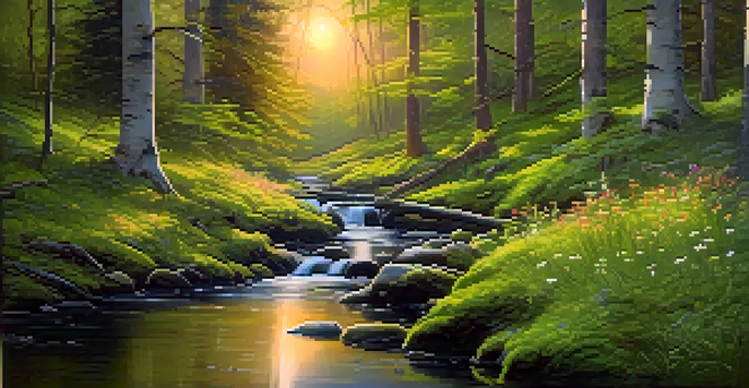 A peaceful twilight forest with soft light, green moss, and a gentle stream reflecting the sunset.