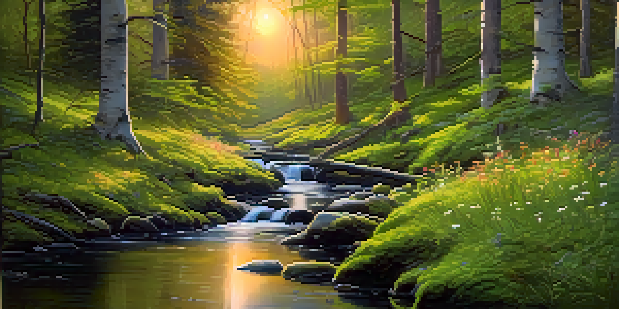 A peaceful twilight forest with soft light, green moss, and a gentle stream reflecting the sunset.