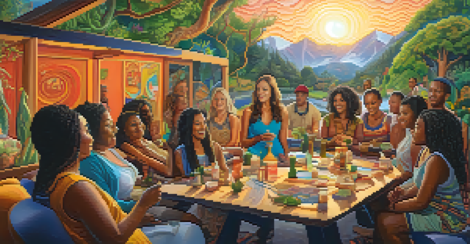A community gathering of women sharing stories, with a colorful mural in the background.