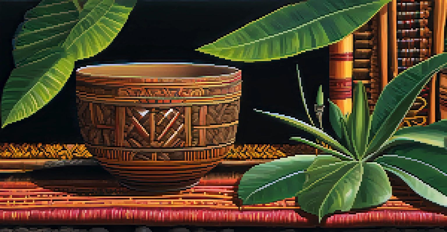 A close-up of a ceremonial cup filled with Ayahuasca brew, surrounded by tropical plants and a glowing candle on a woven mat.