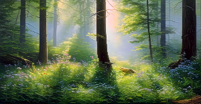 A peaceful forest at dawn with sunlight streaming through the trees and flowers blooming on the ground.