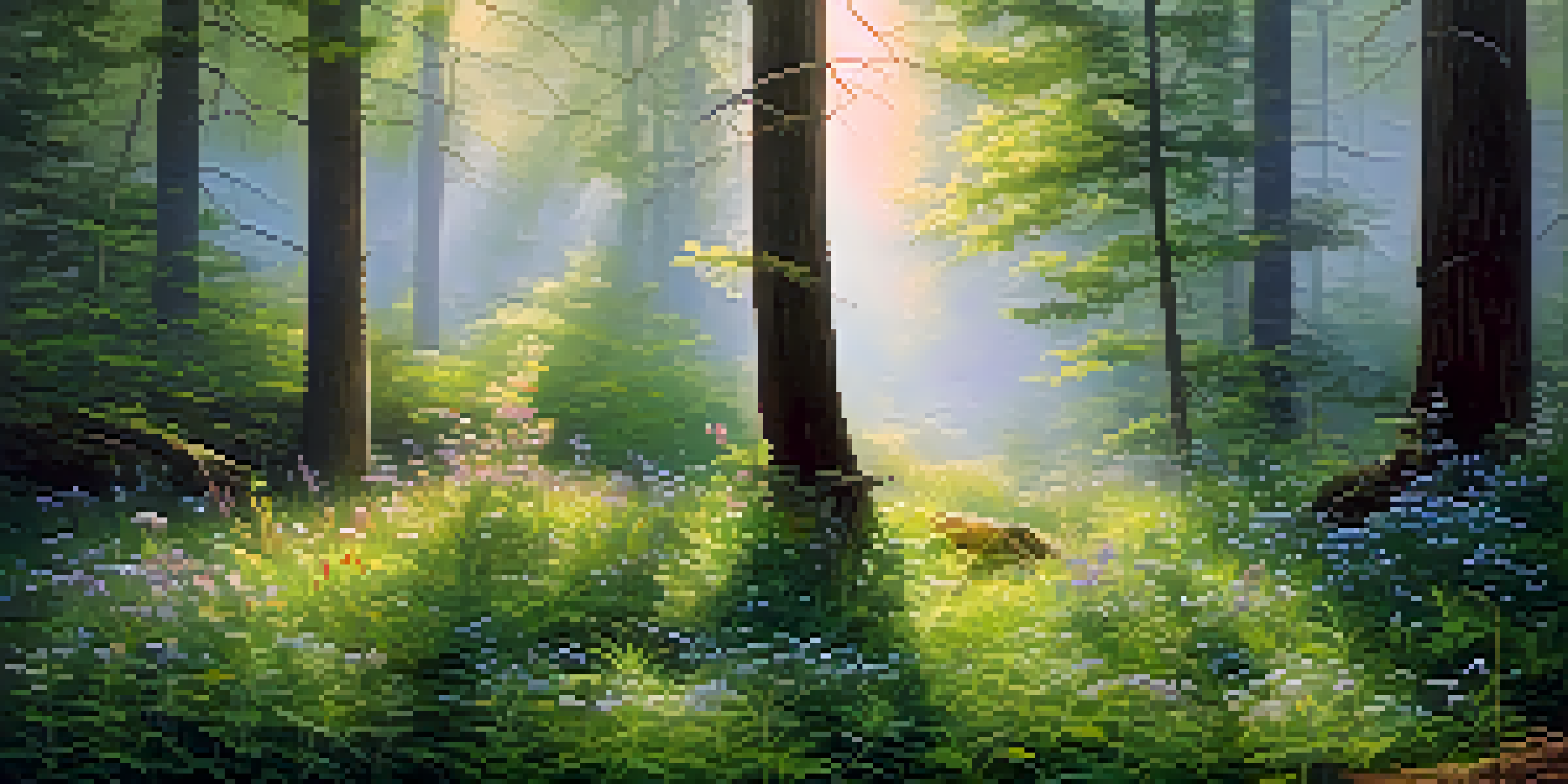 A peaceful forest at dawn with sunlight streaming through the trees and flowers blooming on the ground.