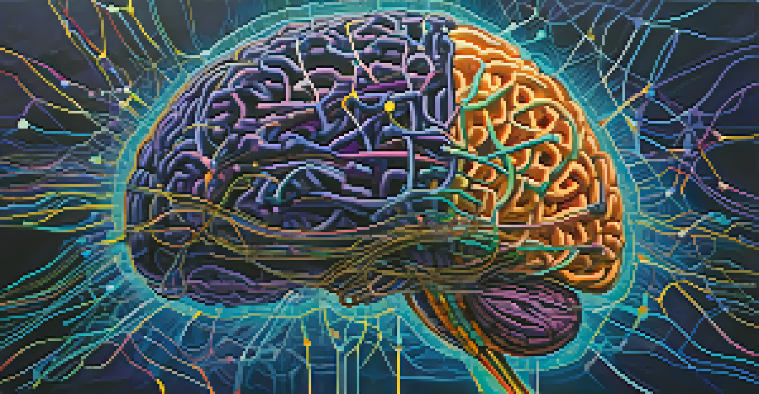 An abstract image of the brain's neural pathways, illuminated in vibrant colors against a navy blue background.