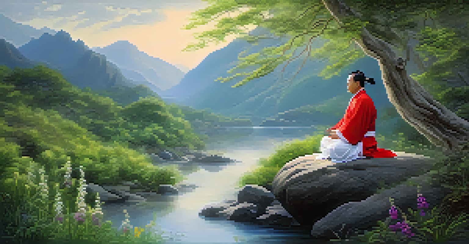 A Taoist practitioner meditating in nature, surrounded by greenery and ethereal light.