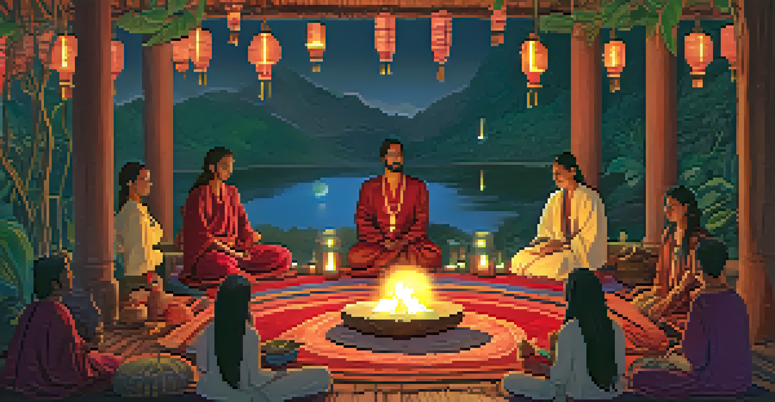 A ceremonial space for ayahuasca, featuring colorful textiles, candles, and a group of people participating in a spiritual gathering.