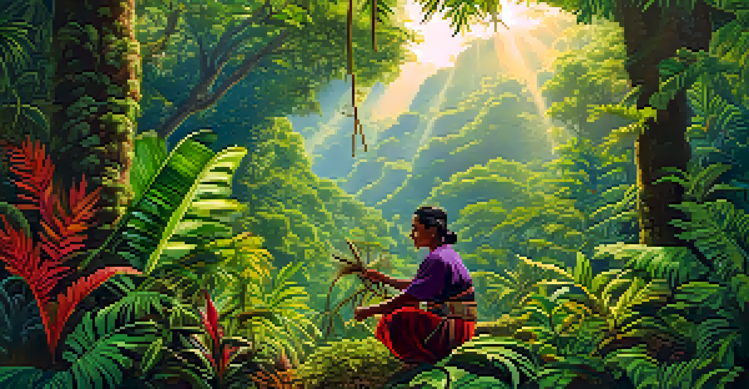 An indigenous person harvesting plants in a colorful jungle, wearing traditional attire.