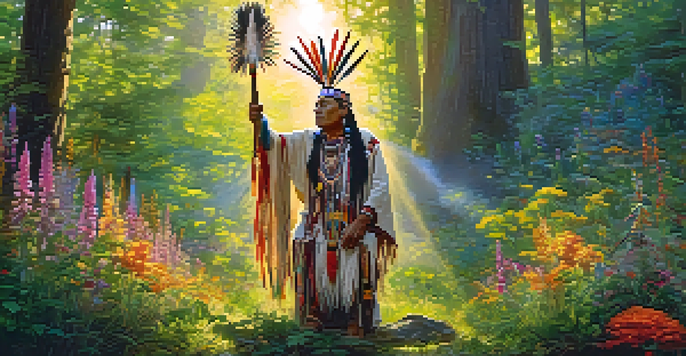 A Native American shaman in traditional attire performing a ritual in a lush forest with sunlight filtering through the trees.