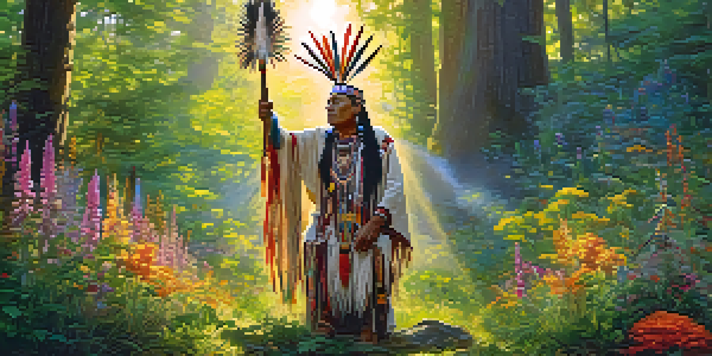A Native American shaman in traditional attire performing a ritual in a lush forest with sunlight filtering through the trees.