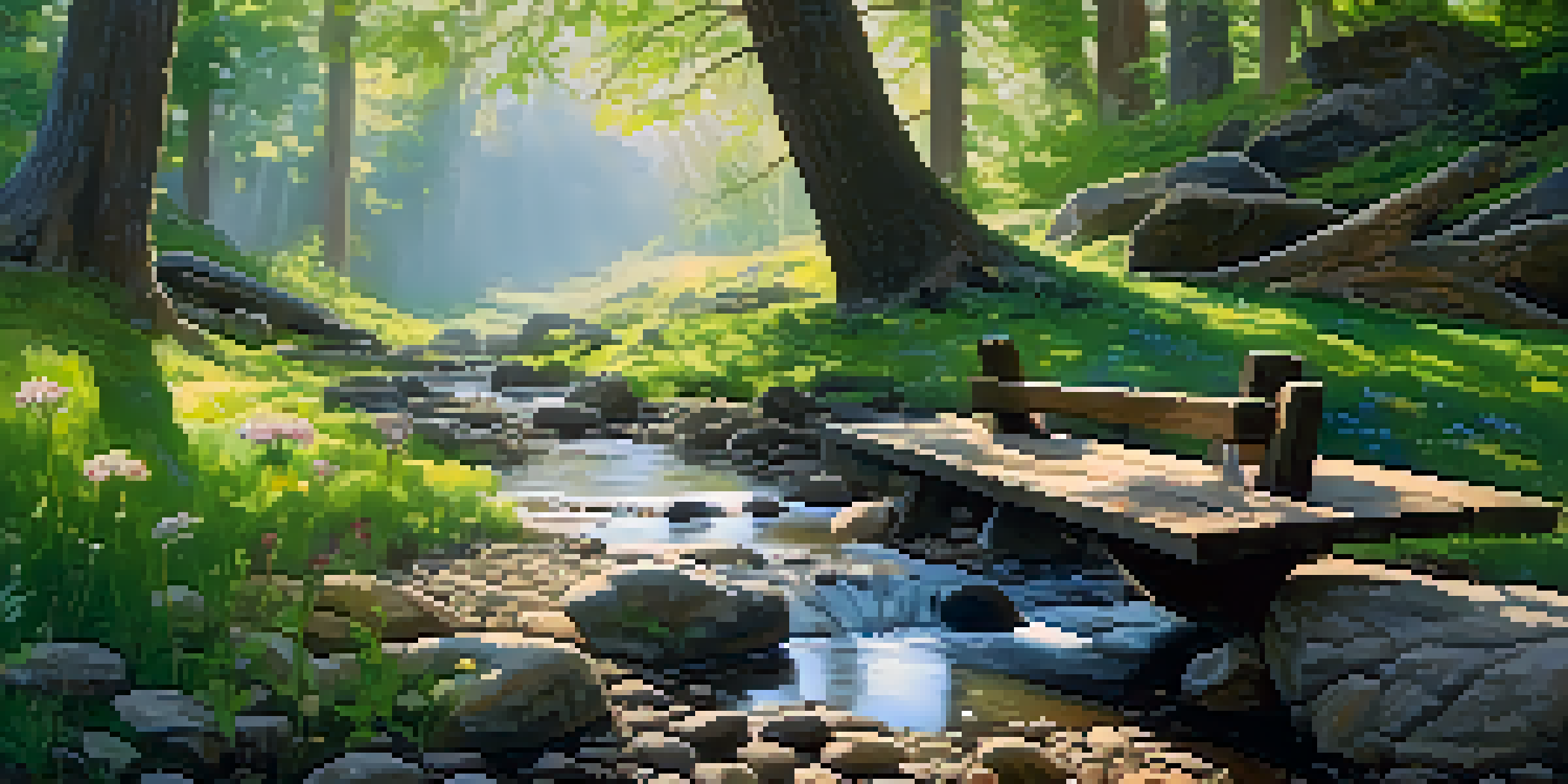 A peaceful forest with a flowing stream, colorful flowers, and a wooden bench under an oak tree in soft morning light.
