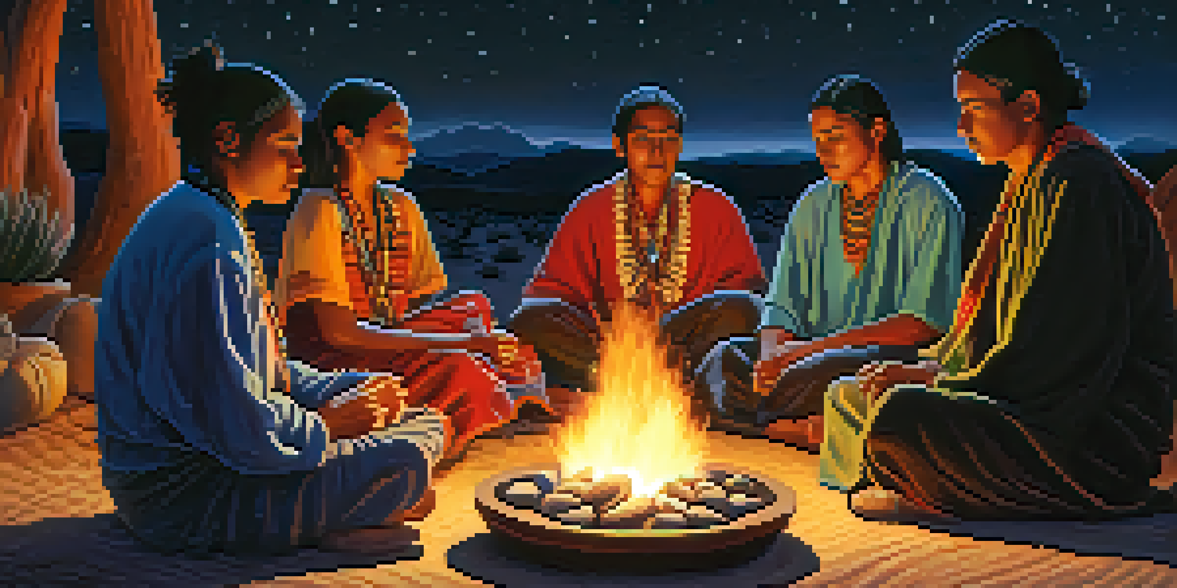 A peyote ceremony under a starry sky with participants gathered around a fire, reflecting on their experiences.