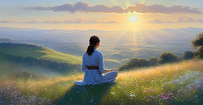 A person meditating on a grassy hilltop at sunrise, surrounded by wildflowers and mist, with rolling hills and clouds in the background.
