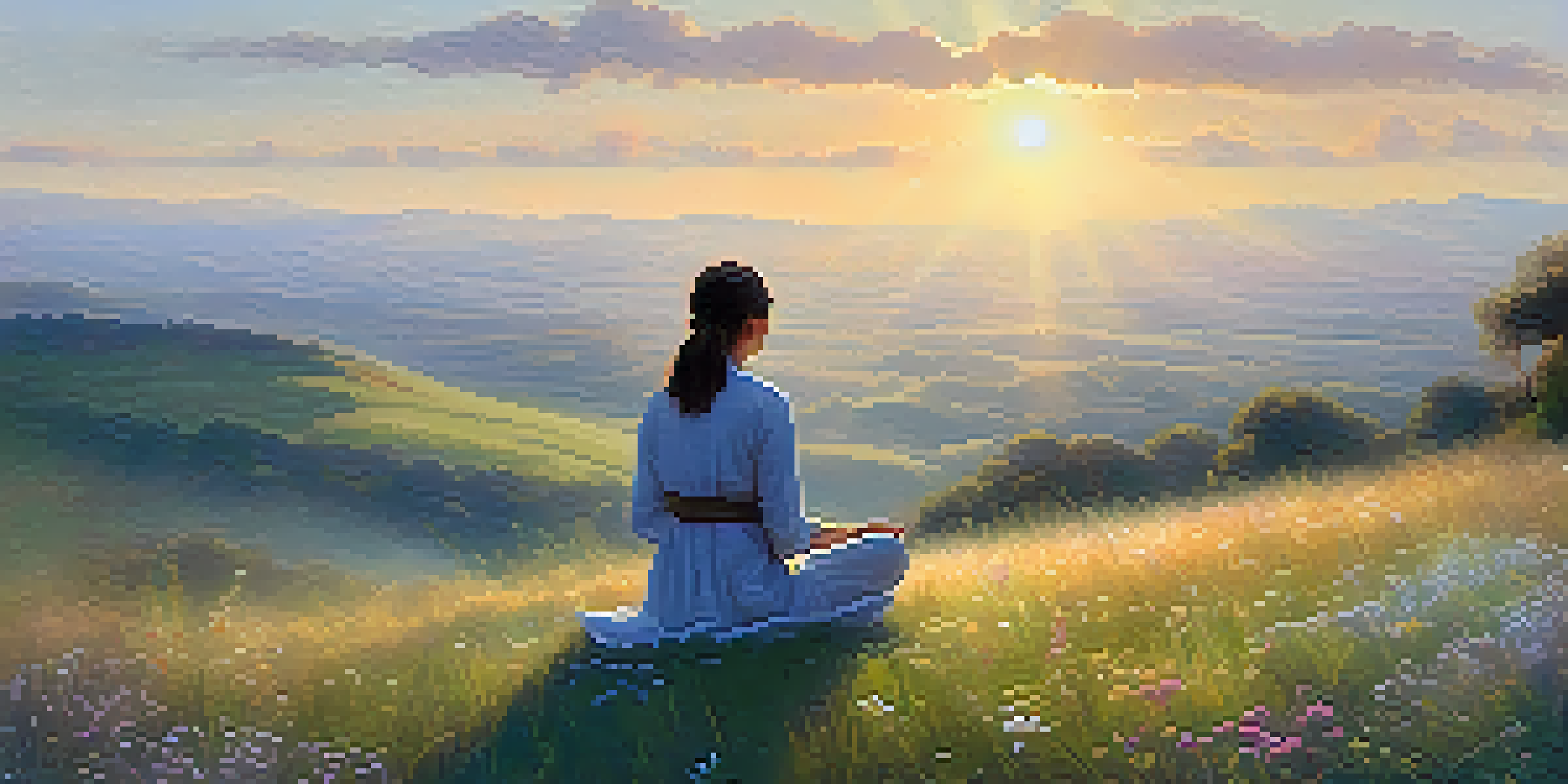A person meditating on a grassy hilltop at sunrise, surrounded by wildflowers and mist, with rolling hills and clouds in the background.