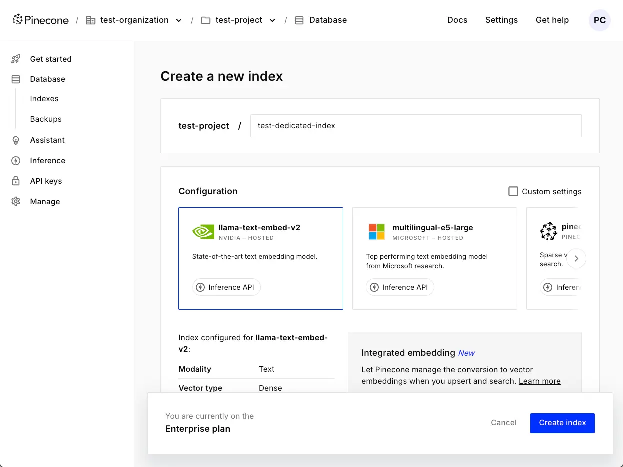Real screenshot of the Pinecone console's Create a new index page, showing the embedding-model picker (llama-text-embed-v2, multilingual-e5-large) and an Enterprise-plan account badge