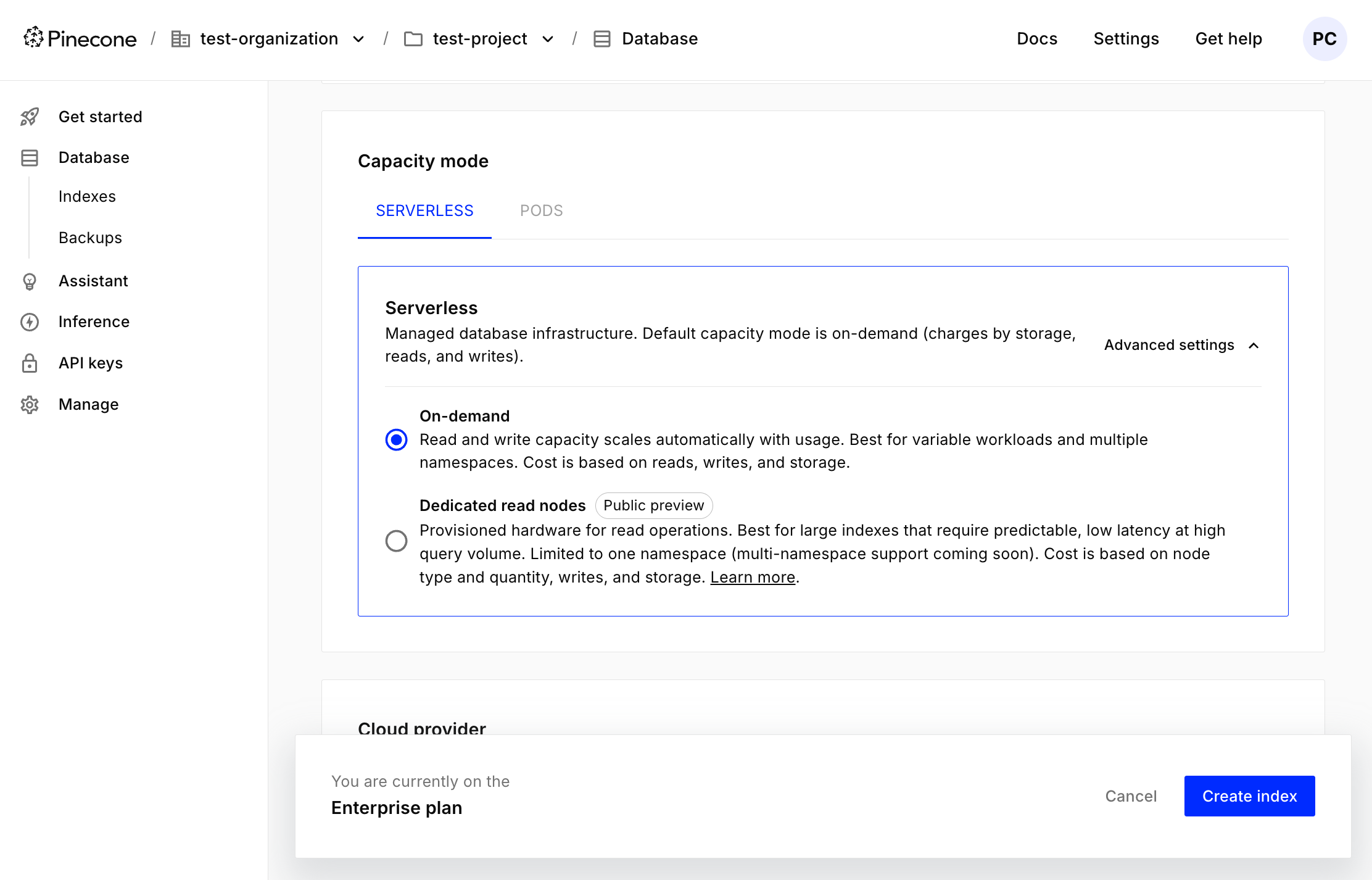 Real screenshot of the Pinecone console's Capacity mode selector, showing the Serverless/Pods tabs and the On-demand versus Dedicated read nodes (Public preview) choice with cost explanations