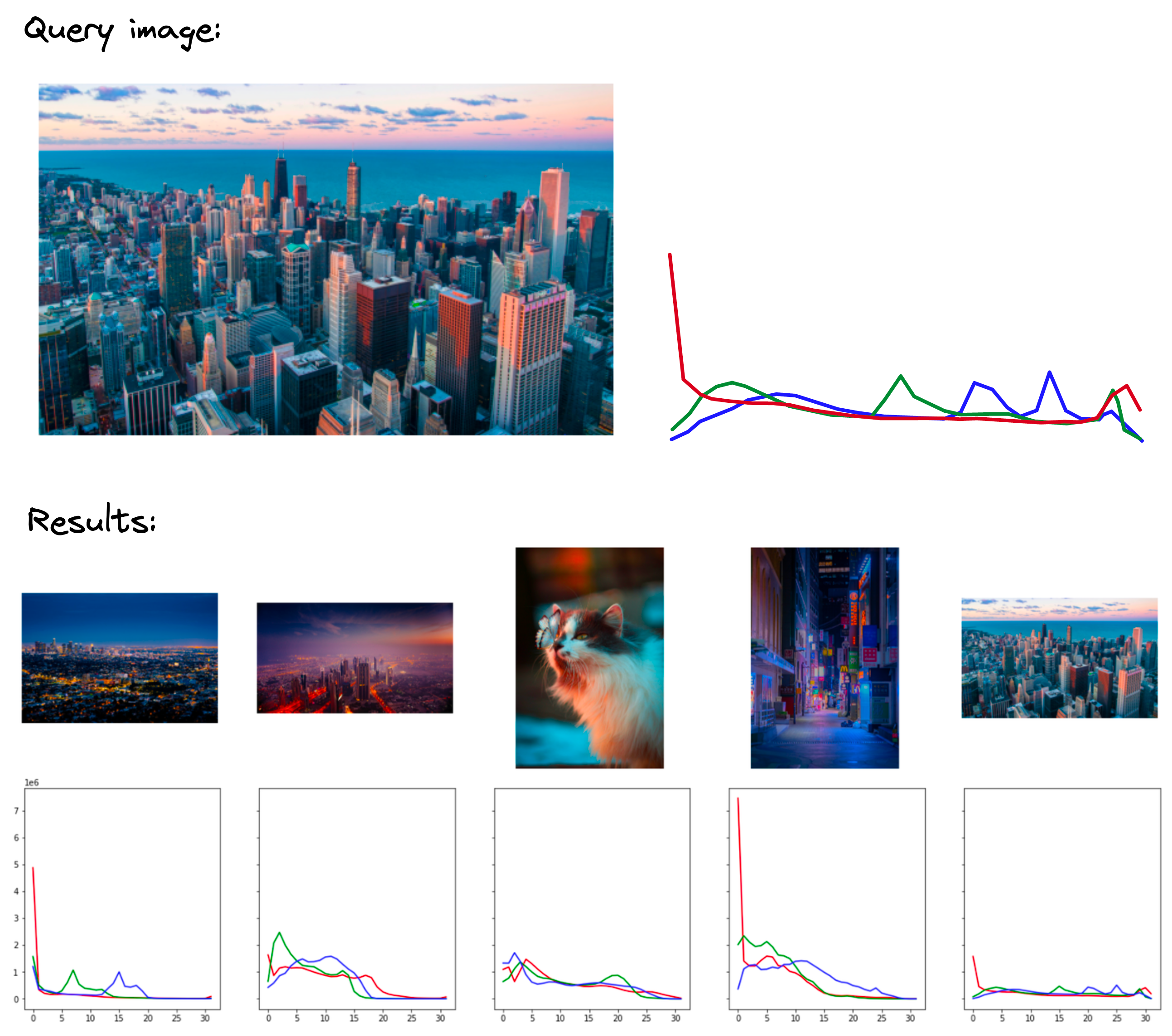 Color histogram retrieval with query image (top) and retrieved similar images (bottom).