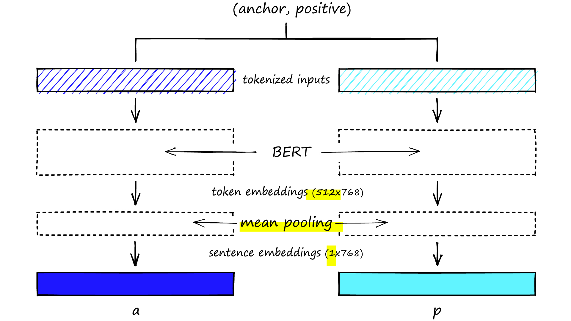 Siamese-BERT network, the anchor and positive sentence pairs are processed separately. A mean pooling layer converts token embeddings into sentence embeddings.sentence A is our anchor and sentence B the positive.