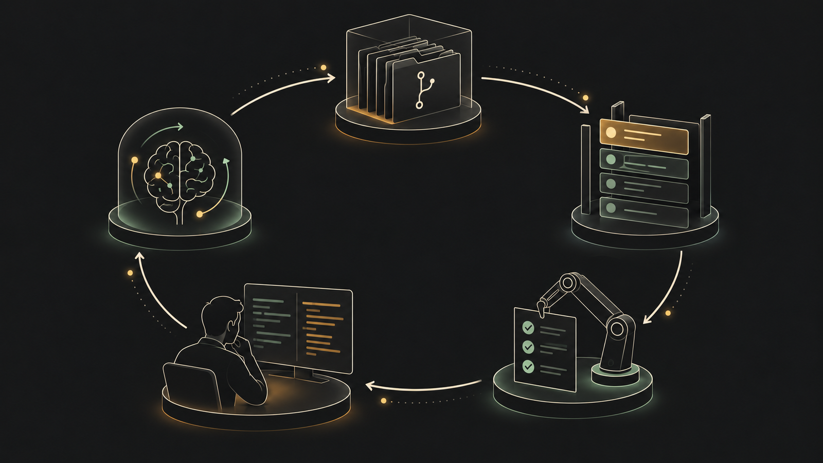 A cycle connects repository context, scoped tasks, automated checks, human review, and learning.