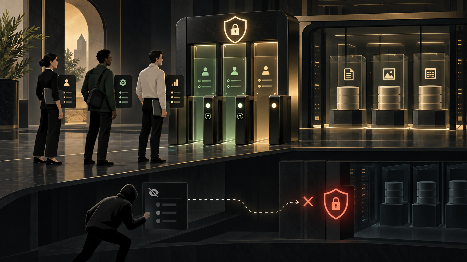 Staff roles pass through a permission gate to reach data, while an attempted bypass is blocked at the server.
