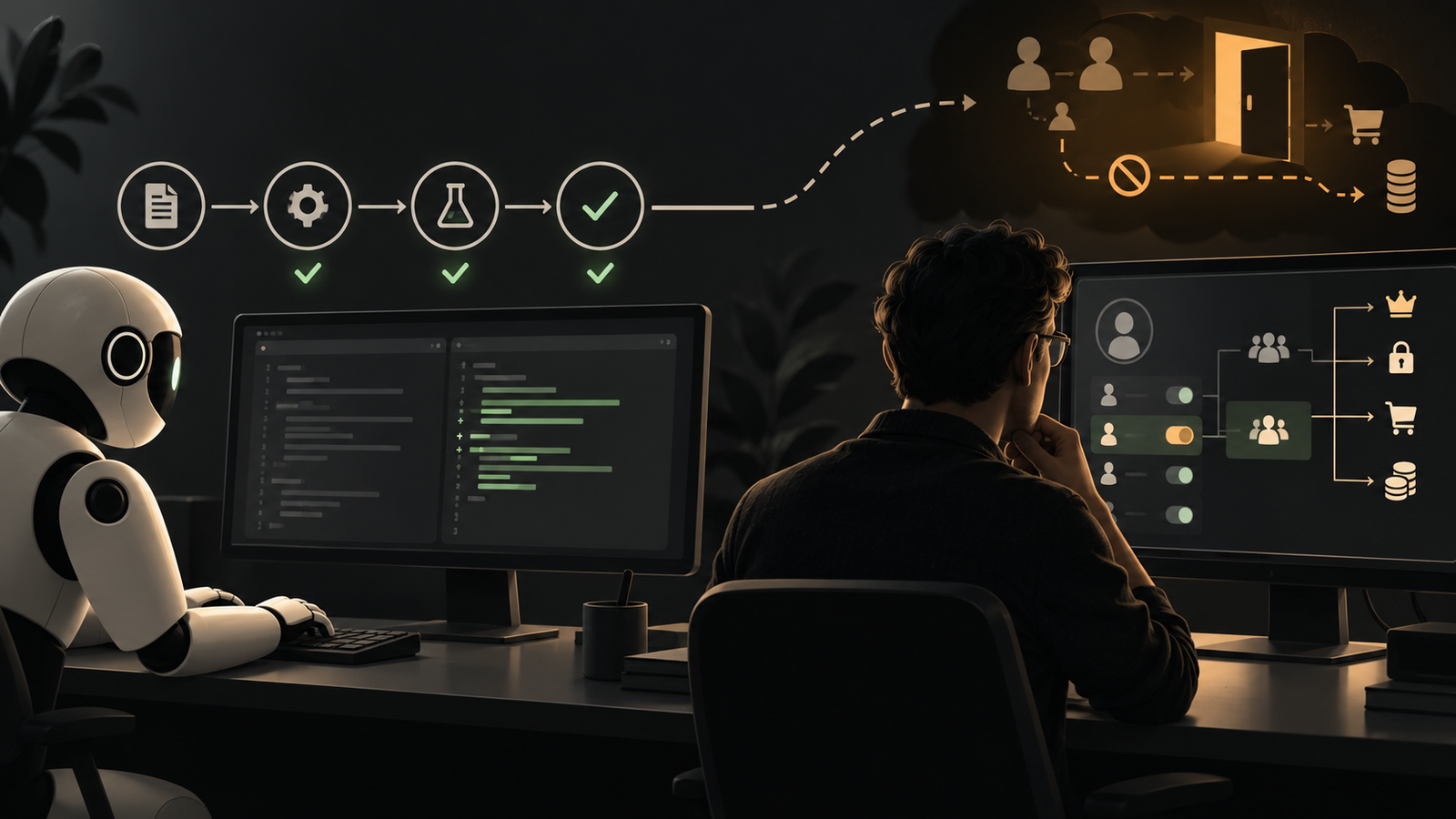 Automated tests pass while a human checks an overlooked product decision about users and permissions.
