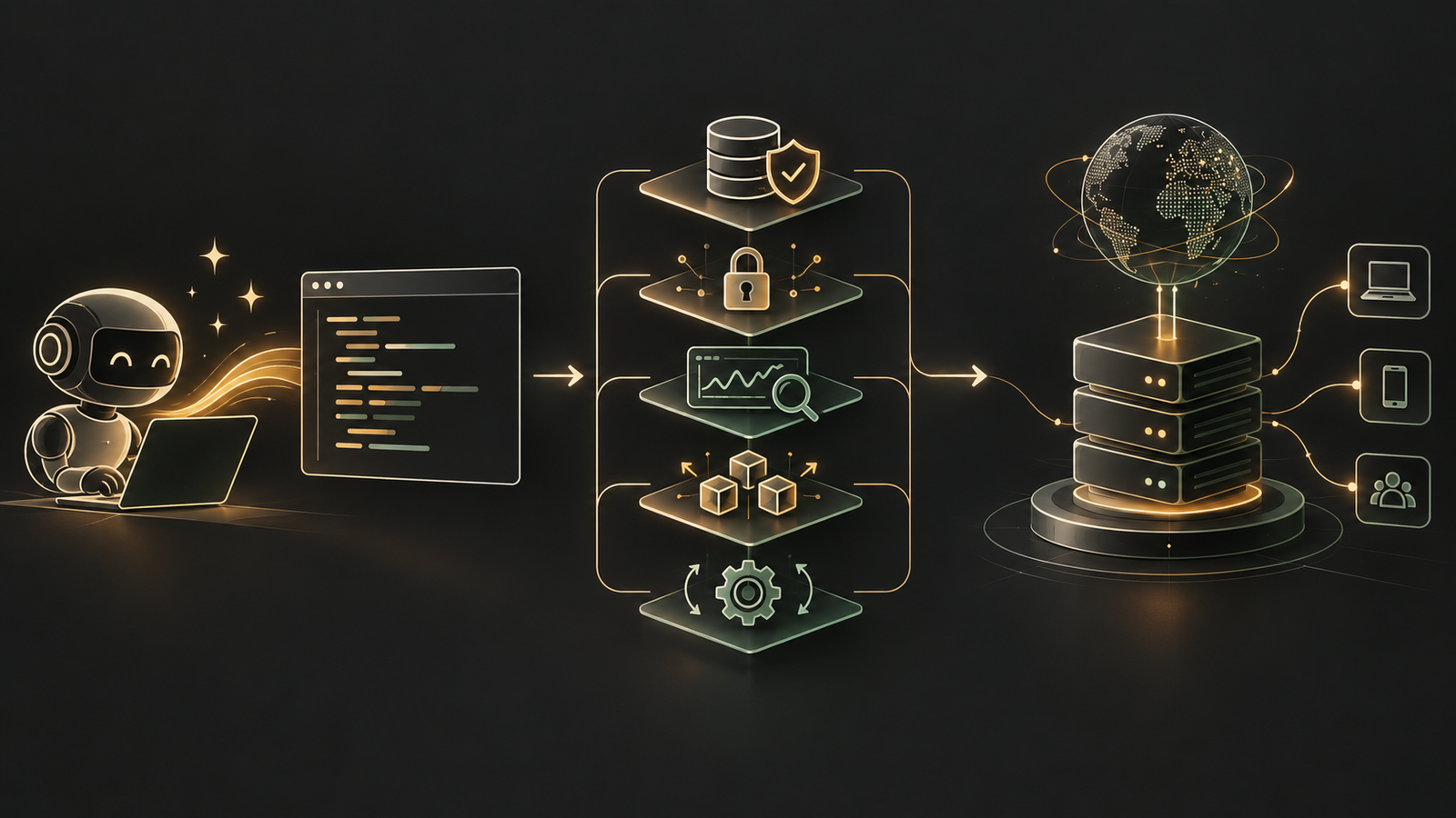 A quick AI code draft gains layers for data, security, monitoring, scale, and operations before production.