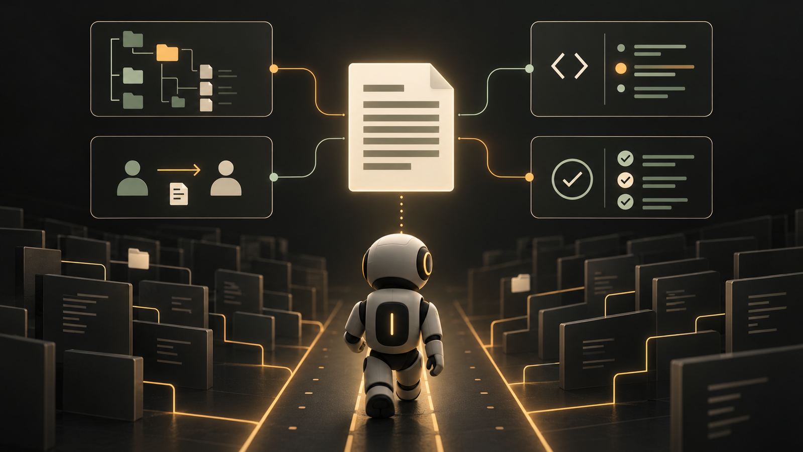 A repository instruction document links project structure, task handover, coding conventions, and verification.