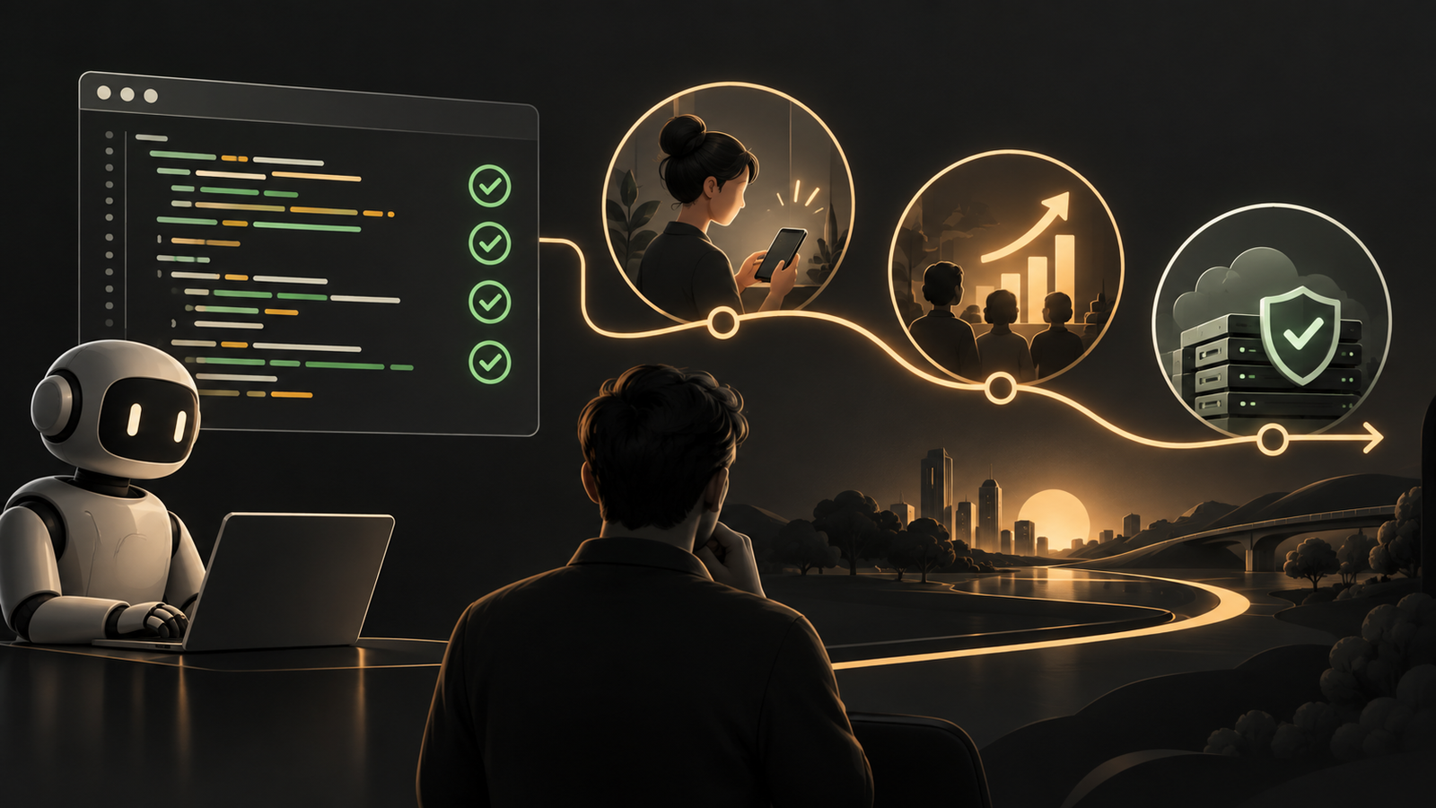 A reviewer follows a tested code change through user behavior, product outcome, and system safety.