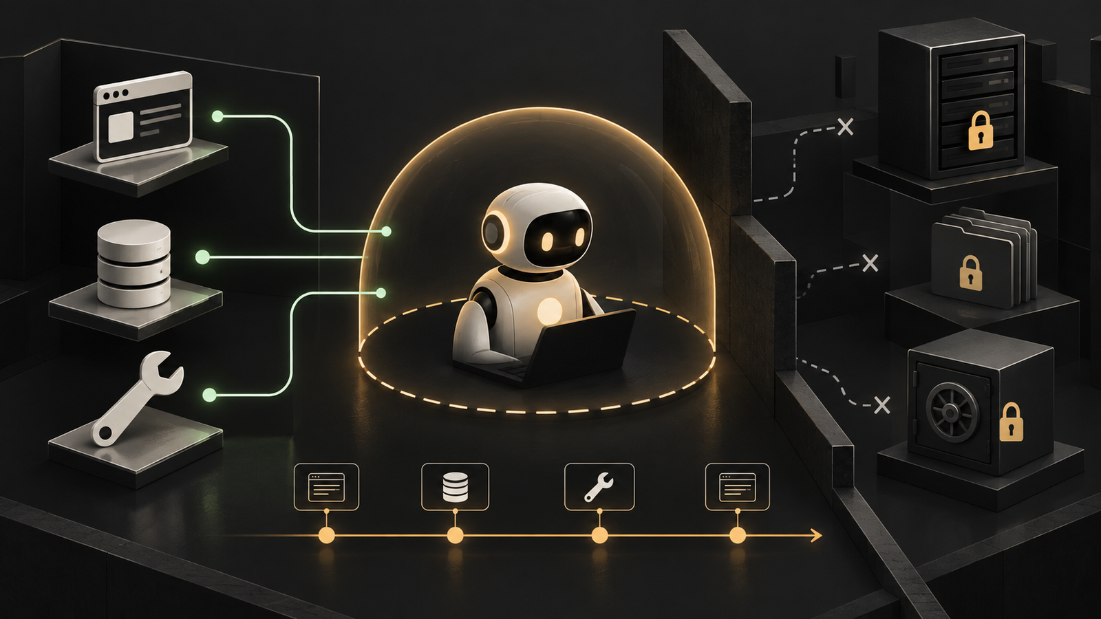 An AI agent can access approved tools and data inside a permission boundary while sensitive resources stay locked.