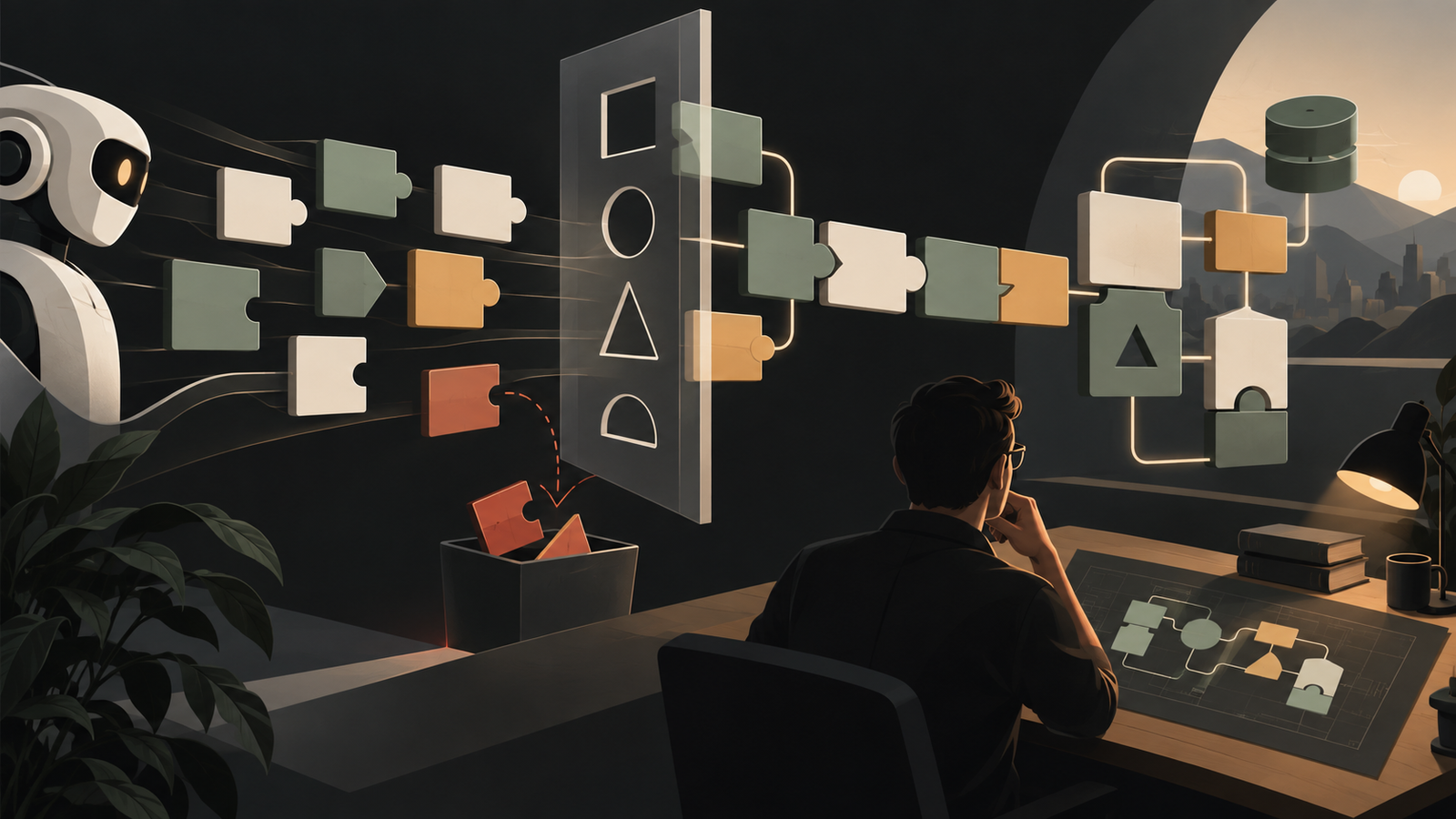 A type system catches incompatible code pieces as a human engineer reviews the connected system.