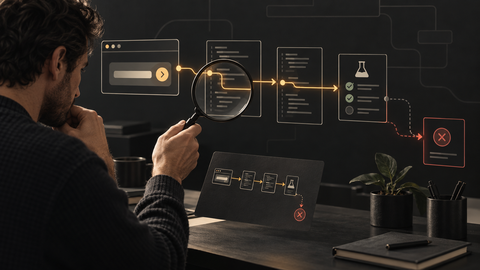 An engineer traces a user action through code and tests to inspect a possible failure path.