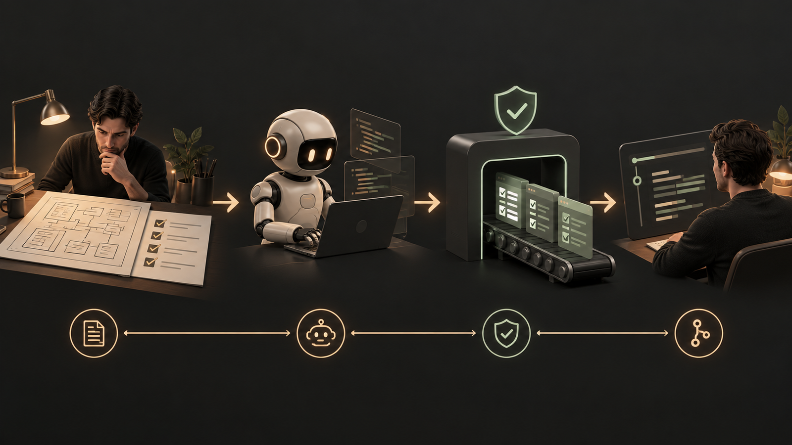 An engineer reviews a plan before agent implementation, automated checks, and a final human read.