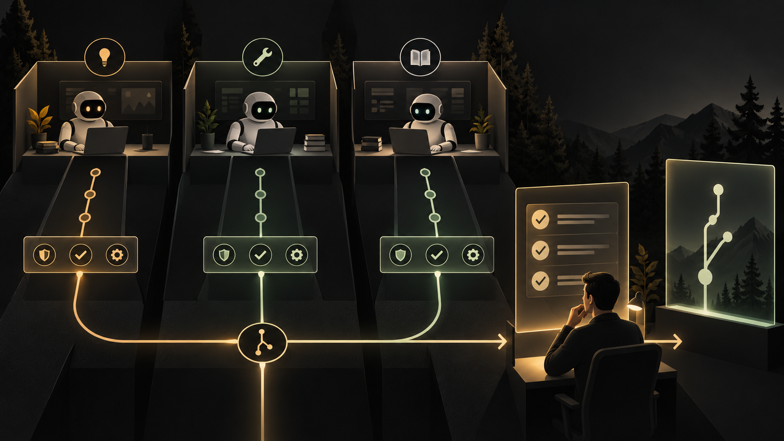 Specialized coding agents work in separate lanes with automatic checks before human integration.