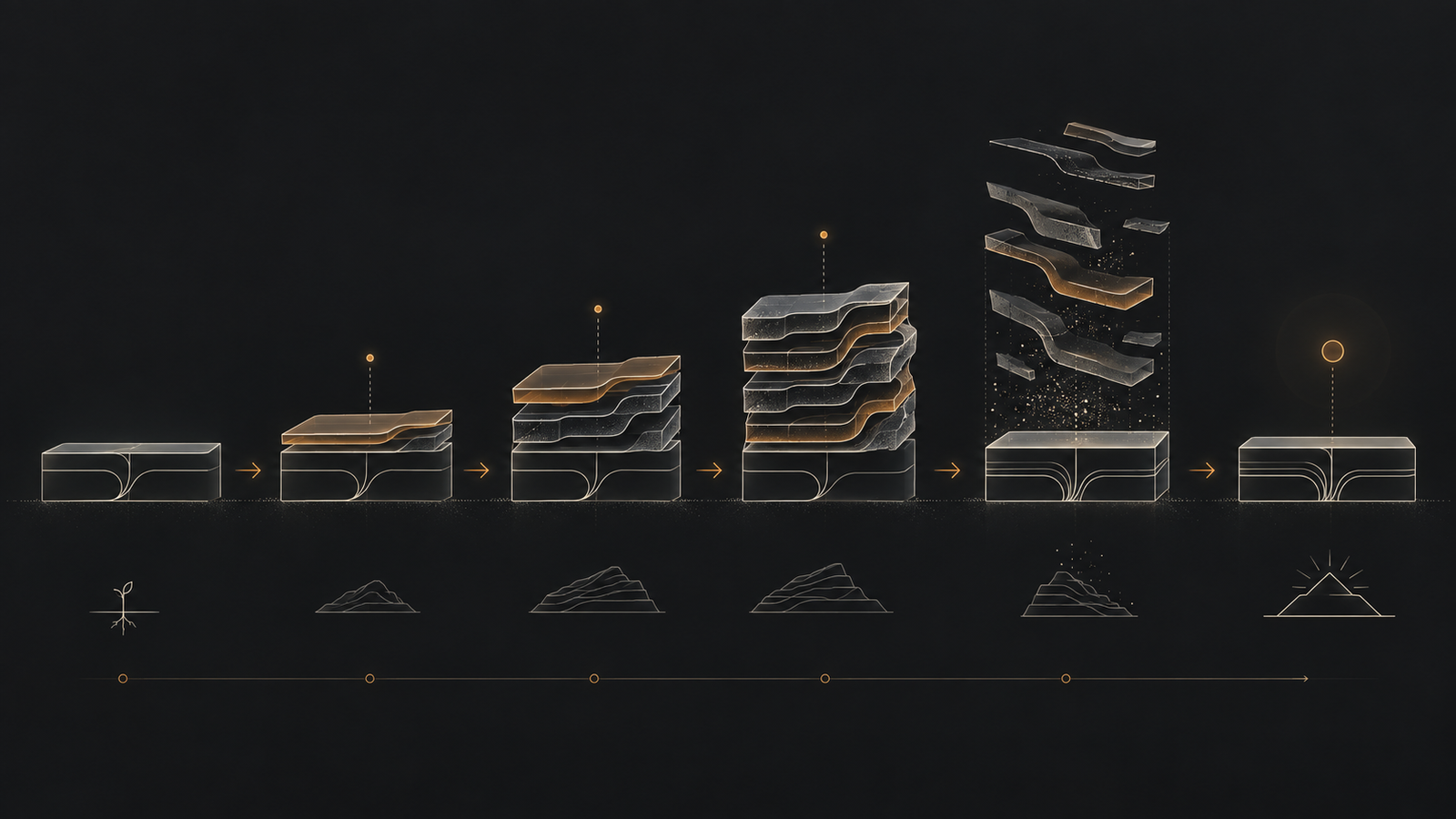 Small changes gradually add layers to a codebase until a deliberate refactoring pass simplifies its structure.
