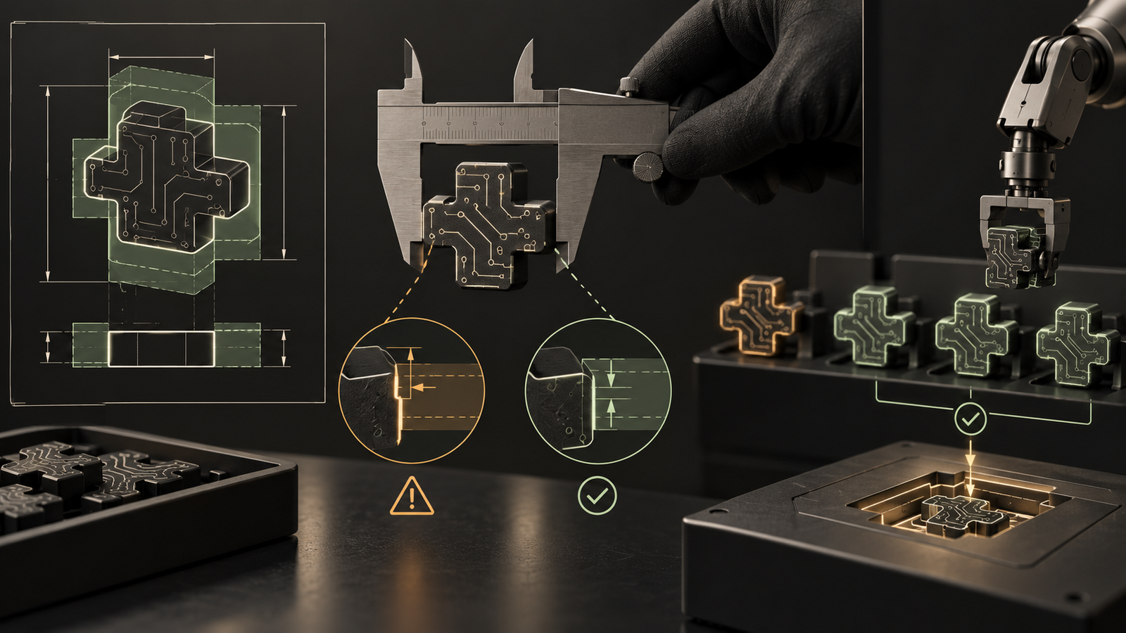 A precision tool measures an AI-generated component against an engineering specification before assembly.