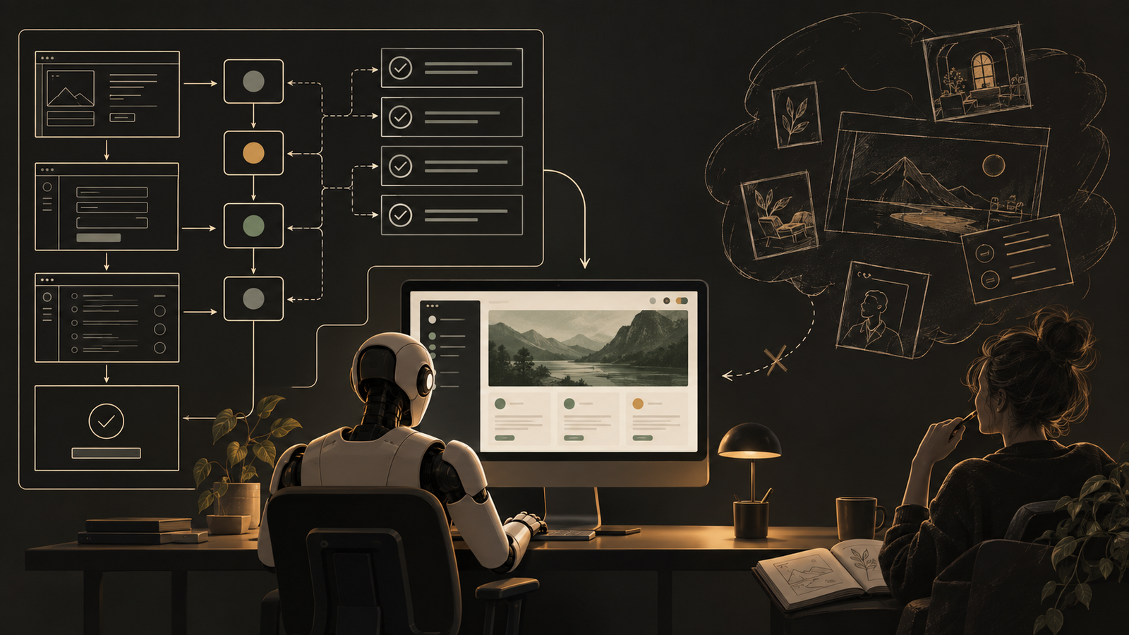 A behavior blueprint and acceptance checks guide an AI agent toward a working web product.